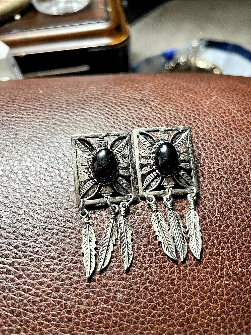 Silver & Black Feather Drop Earrings